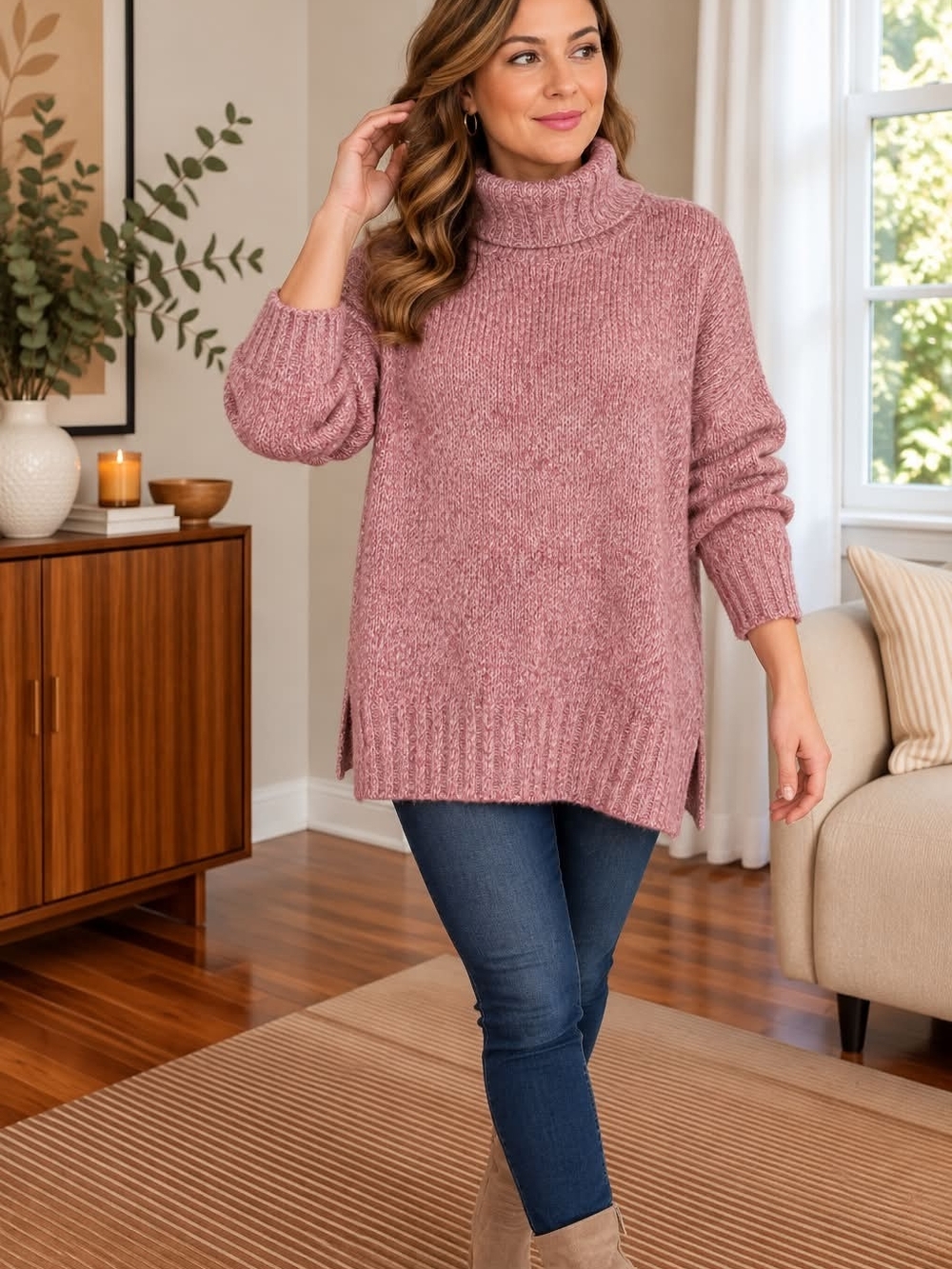 Eddie Bauer Rose Pink Chenille Turtleneck Sweater